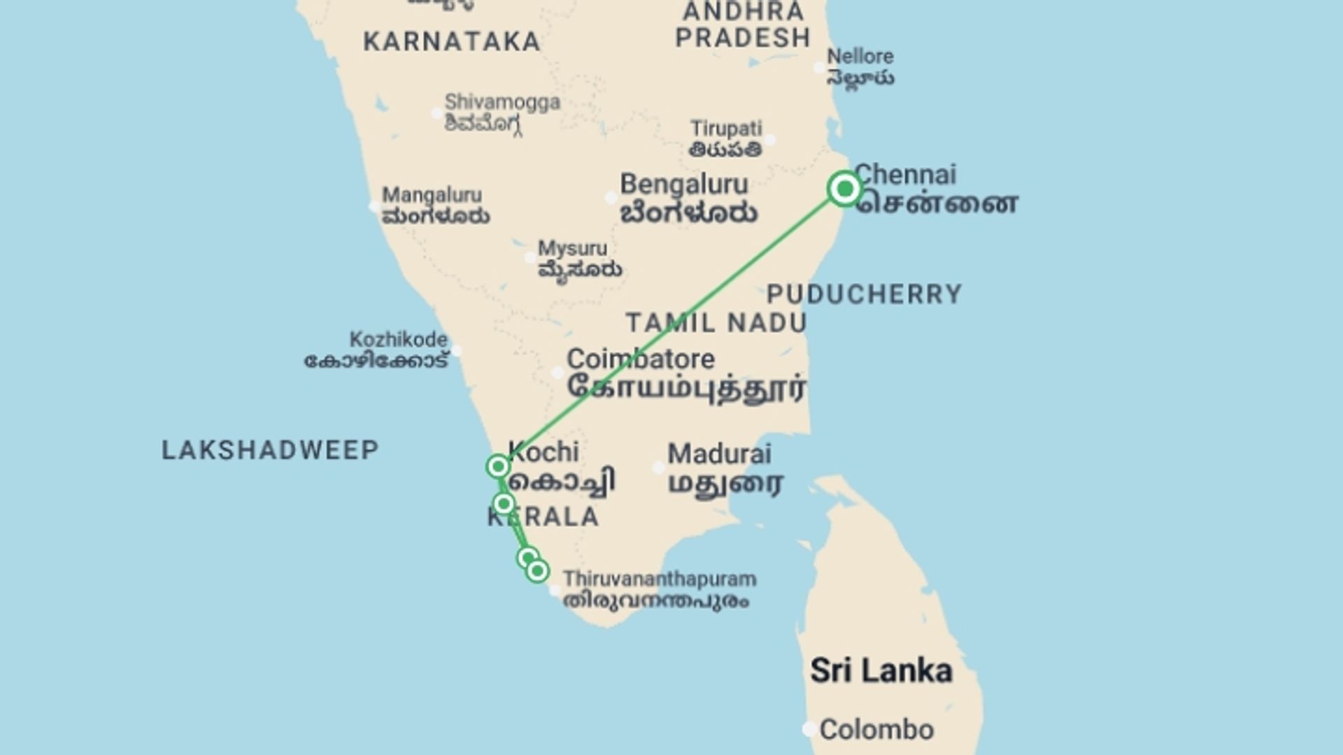 A map showing the tour itinerary for the trip: Kerala: Beaches & Backwaters, starting in Chennai, India and ending in Chennai, India going through 4 other destinations.