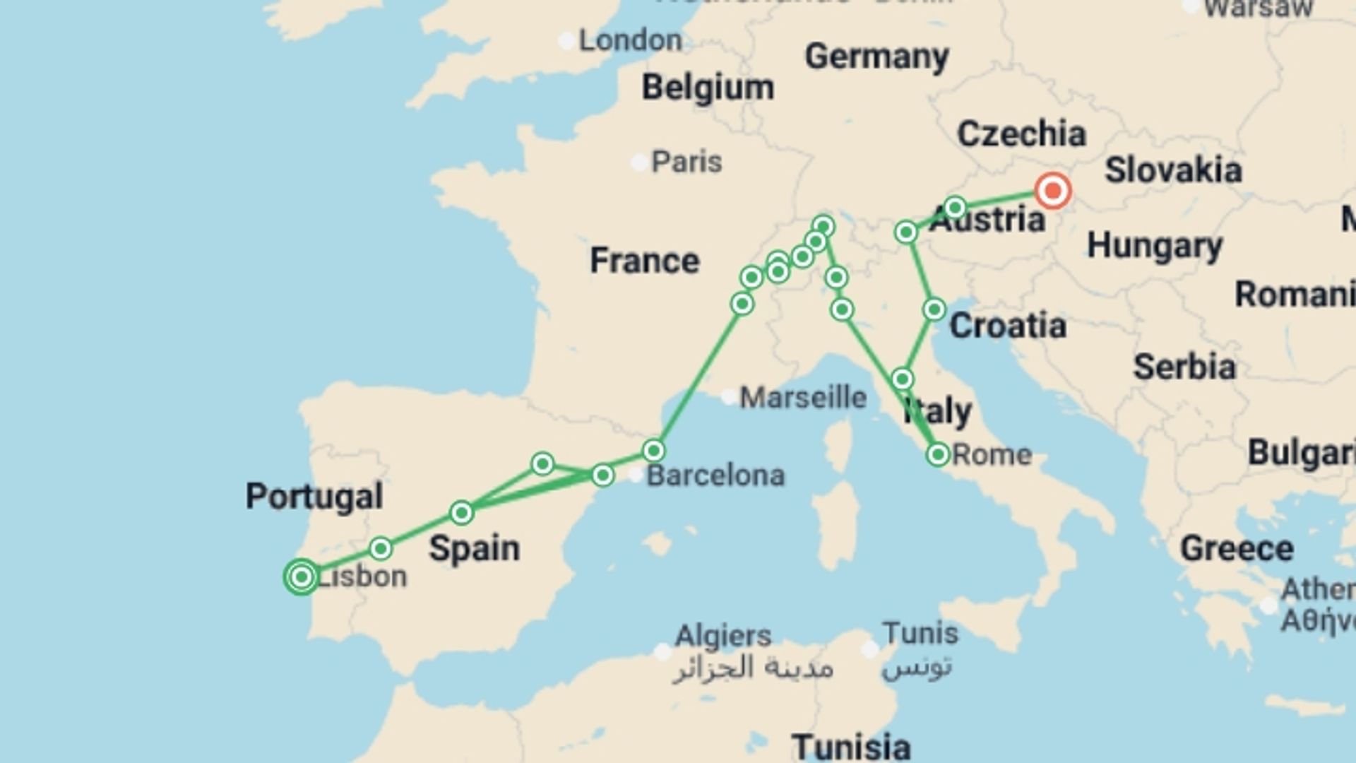A map showing the tour itinerary for the trip: Discover Europe, starting in Lisbon, Portugal and ending in Vienna, Austria going through 10 other destinations.