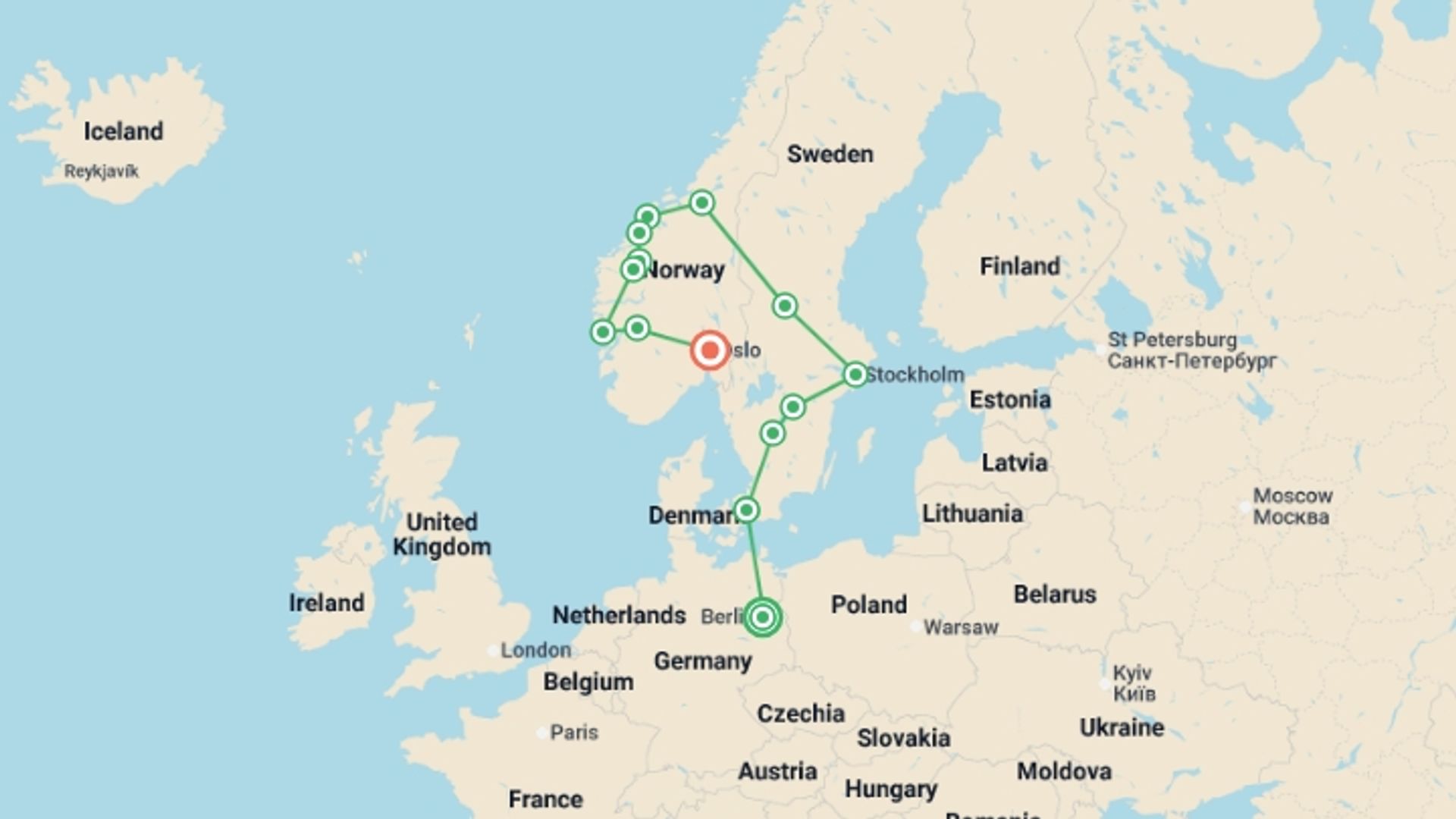 A map showing the tour itinerary for the trip: Nordic Tour Start Berlin, starting in Berlin, Germany and ending in Oslo, Norway going through 7 other destinations.