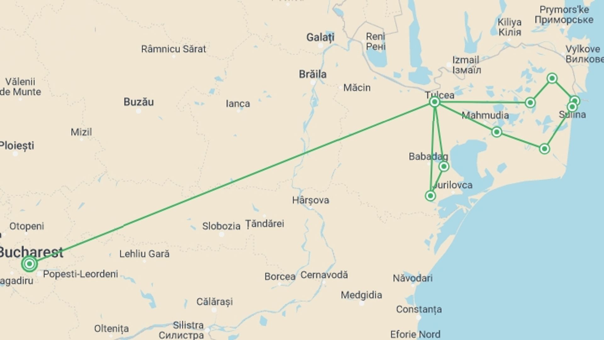A map showing the tour itinerary for the trip: Danube Delta By Bike & Boat, starting in Bucharest, Romania and ending in Bucharest, Romania going through 4 other destinations.