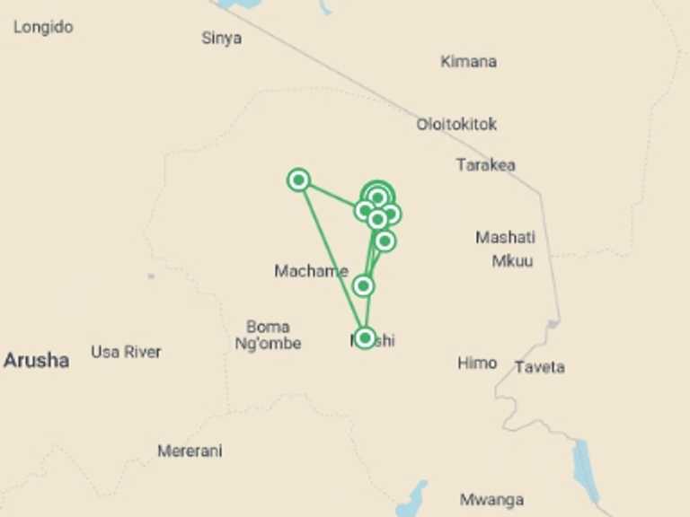 Map itinerary of Moshi Tour in July 2027 with 8 destination visits for the trip: Kilimanjaro Trek - Lemosho Route in 10 days