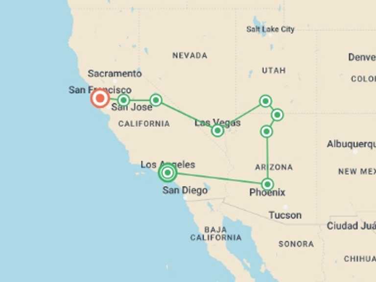 Map of Los Angeles Adventure Tour with 10 destination visits for the trip: Splendours of the West