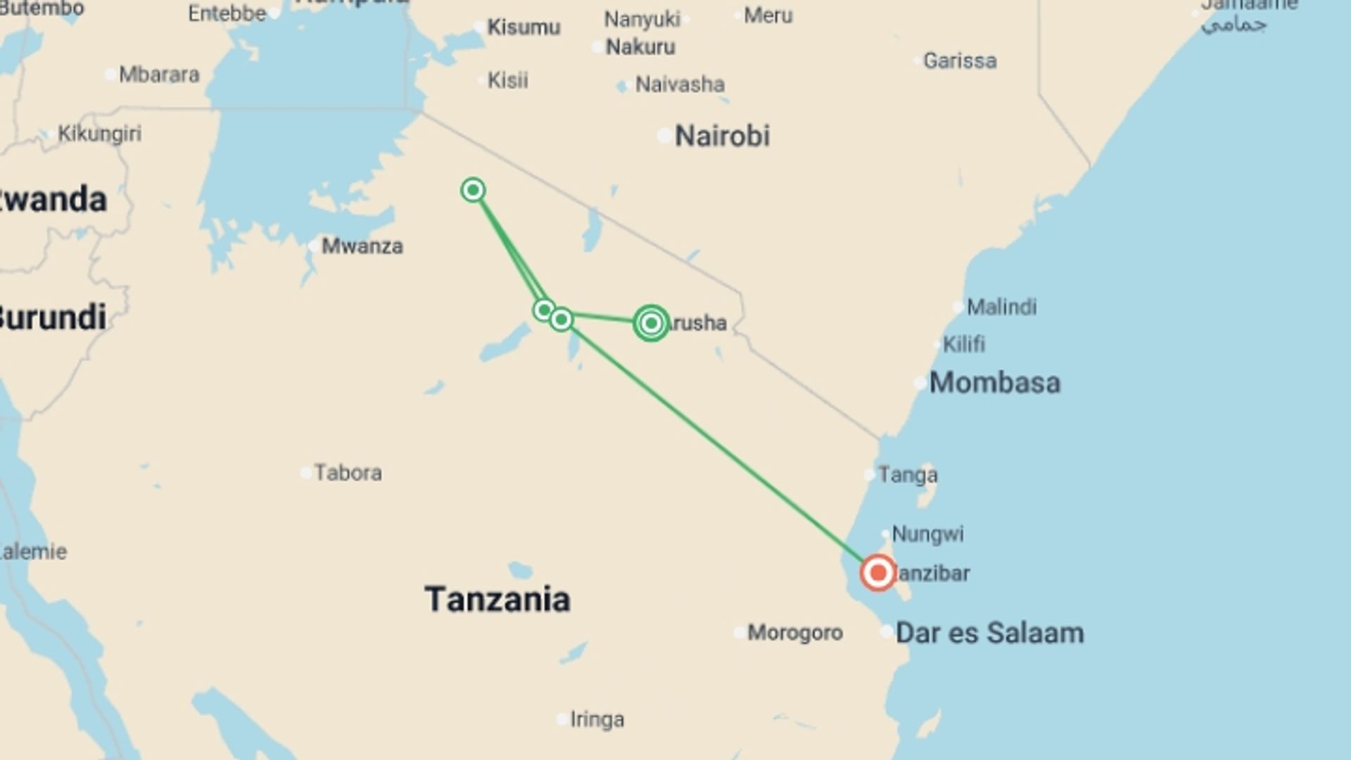 A map showing the tour itinerary for the trip: Tanzania & Zanzibar: The Serengeti, Ngorongoro Crater & Island Shores, starting in Arusha, Tanzania and ending in Zanzibar, Tanzania going through 3 other destinations.