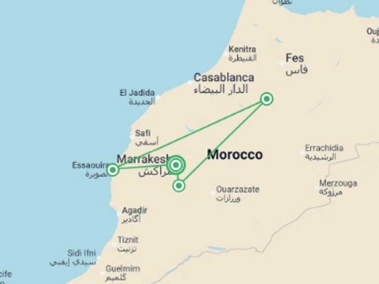 Map itinerary of Marrakech Tour in Fall with 4 destination visits for the trip: Morocco Family Holiday