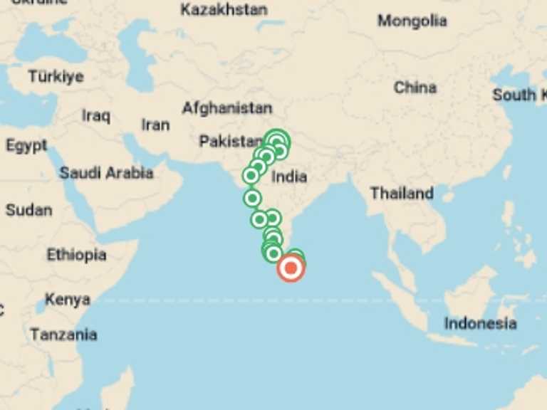 Map itinerary of Asia Tour in December 2026 with 23 destination visits for the trip: India to Sri Lanka: The Taj Mahal & Beach Bar Crawls