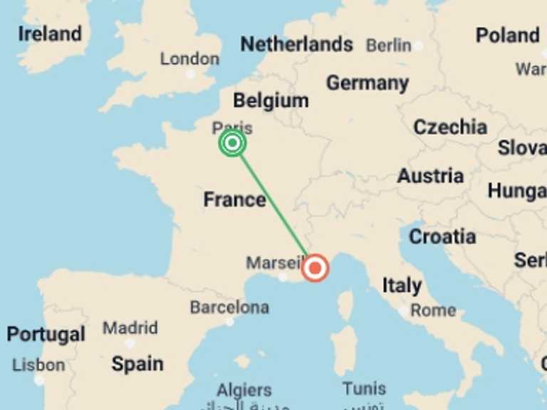 Map itinerary of Paris Tour in October 2026 with 2 destination visits for the trip: Paris and Nice City Package