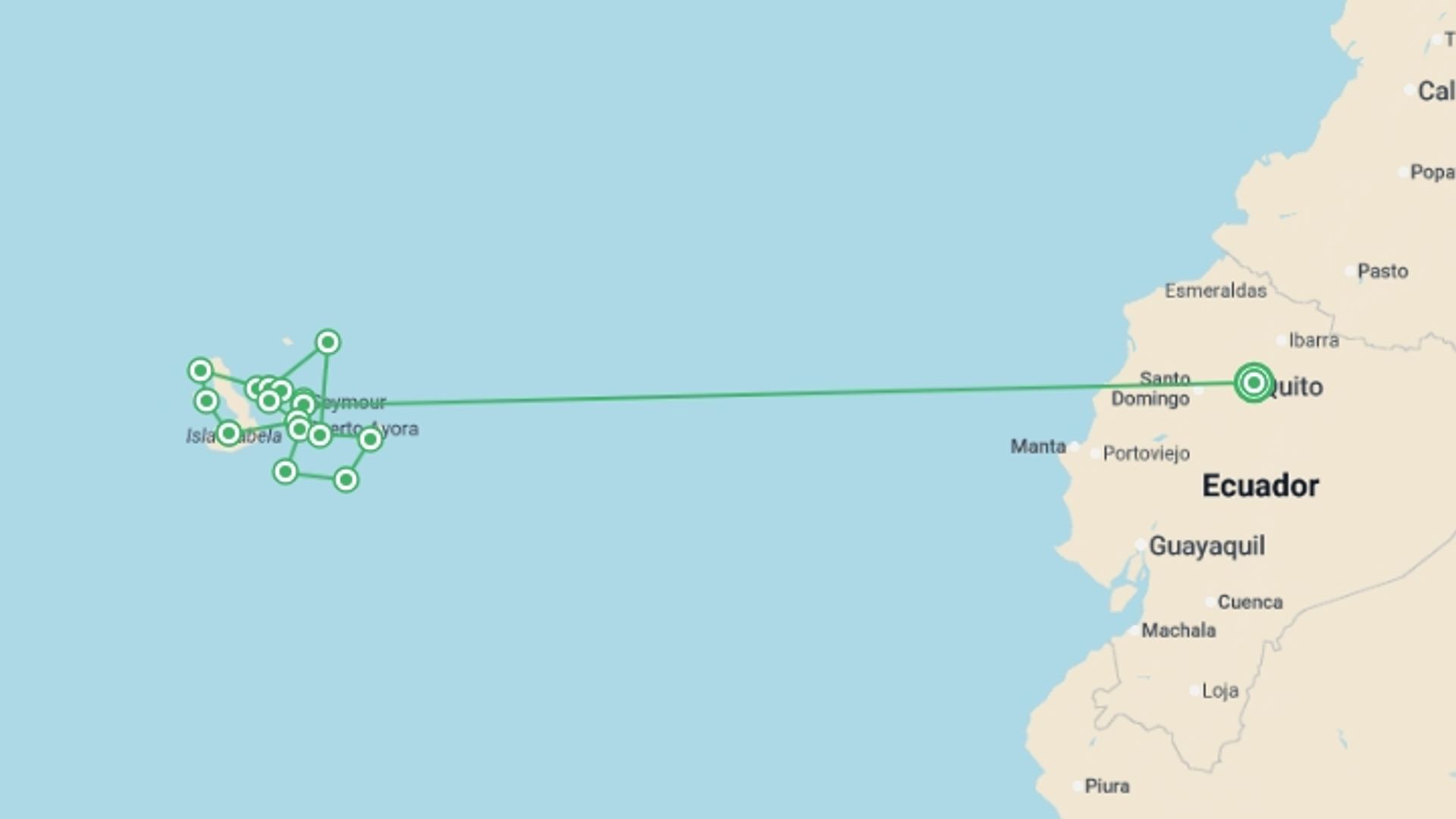 A map showing the tour itinerary for the trip: Absolute Galapagos (Grand Daphne), starting in Quito, Ecuador and ending in Quito, Ecuador going through 12 other destinations.