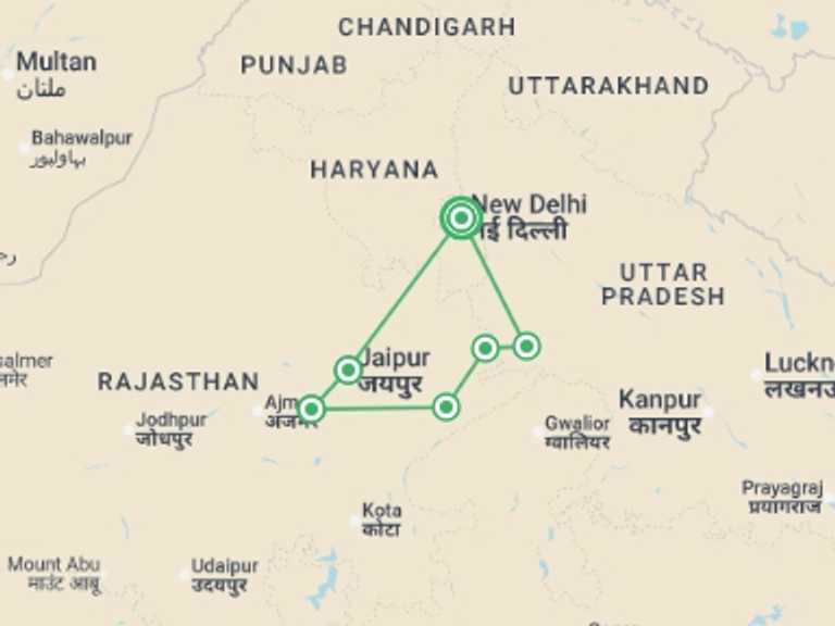 Map itinerary of India Tour in Winter with 6 destination visits for the trip: Family India Golden Triangle Adventure
