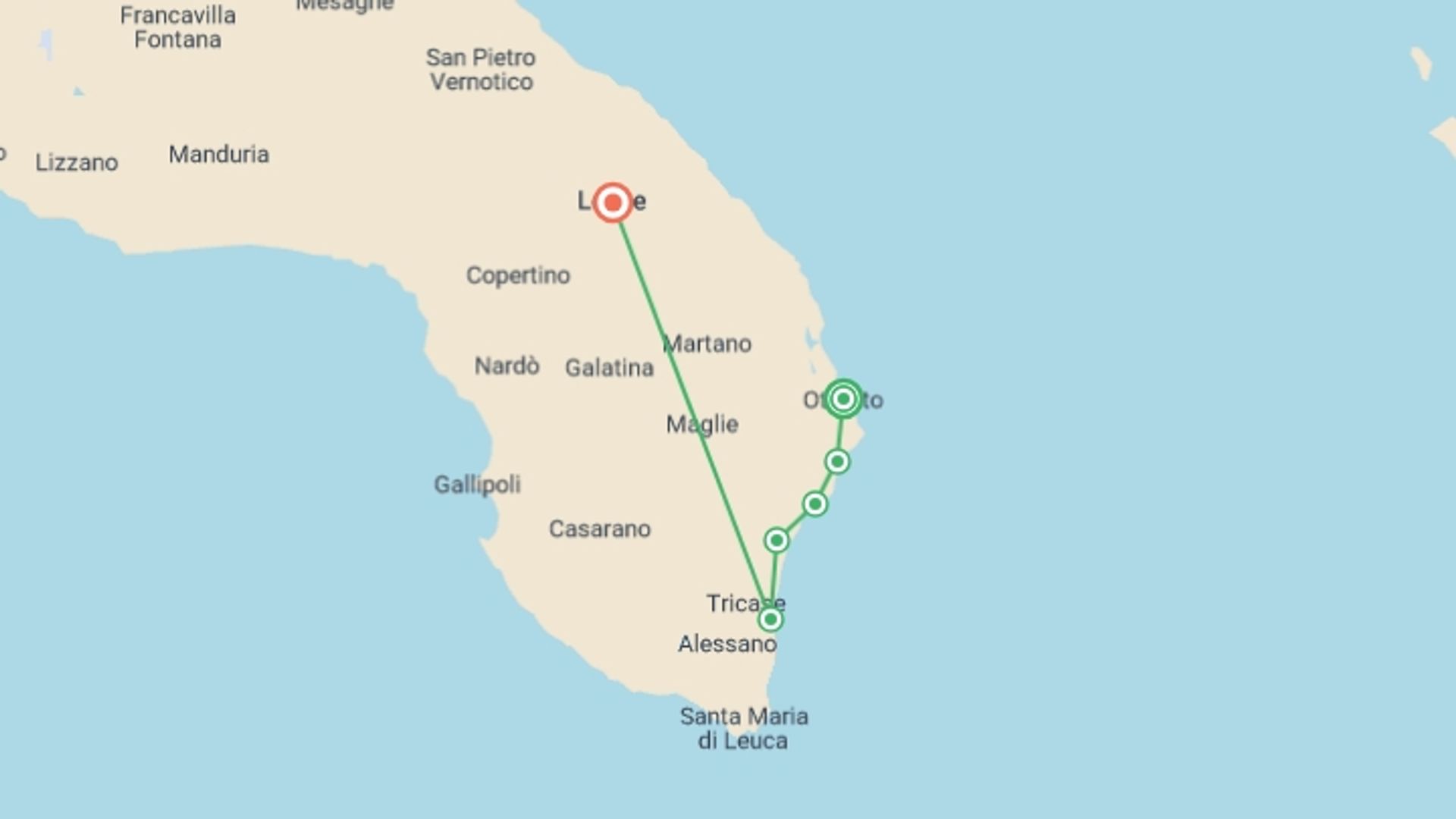 A map showing the tour itinerary for the trip: Puglia Coastal Walk, starting in Otranto, Italy and ending in Lecce, Italy going through 5 other destinations.