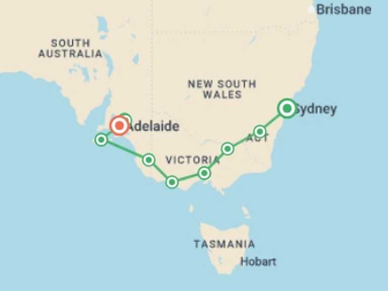 Map itinerary of Oceania Tour in Winter with 10 destination visits for the trip: Tastes of Southern Australia