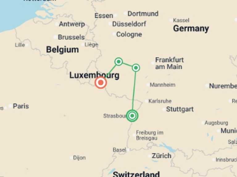 Map of Strasbourg Romantic Tour with 4 destination visits for the trip: 4 Rivers: The Neckar, Romantic Rhine, Moselle, and Sarre Valleys (port-to-port cruise)