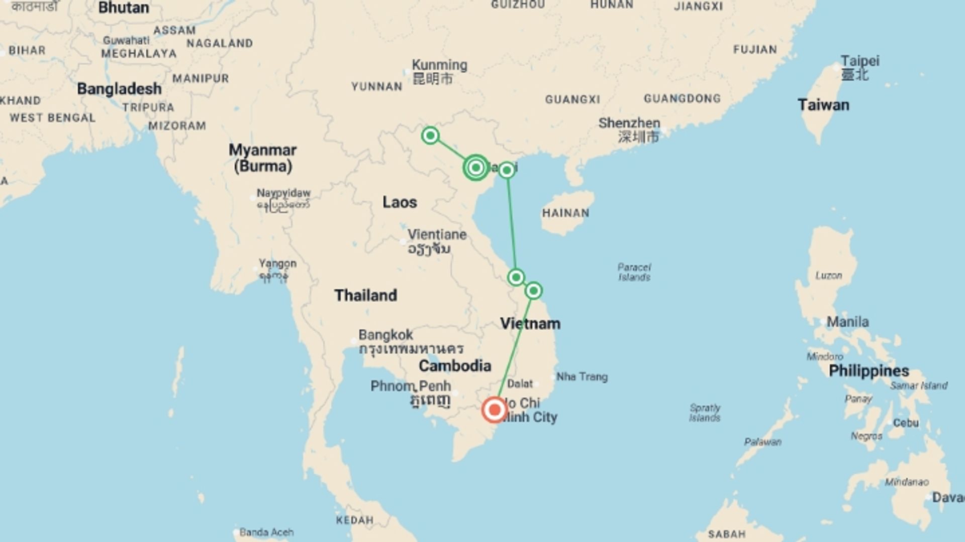 A map showing the tour itinerary for the trip: Classic Vietnam: Sapa to Ho Chi Minh, starting in Hanoi, Vietnam and ending in Ho Chi Minh City, Vietnam going through 4 other destinations.