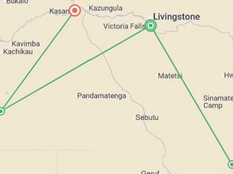 Map itinerary of Africa Tour in September 2026 with 4 destination visits for the trip: Zimbabwe and Botswana: Chobe, Hwange & the Wildlife of Victoria Falls