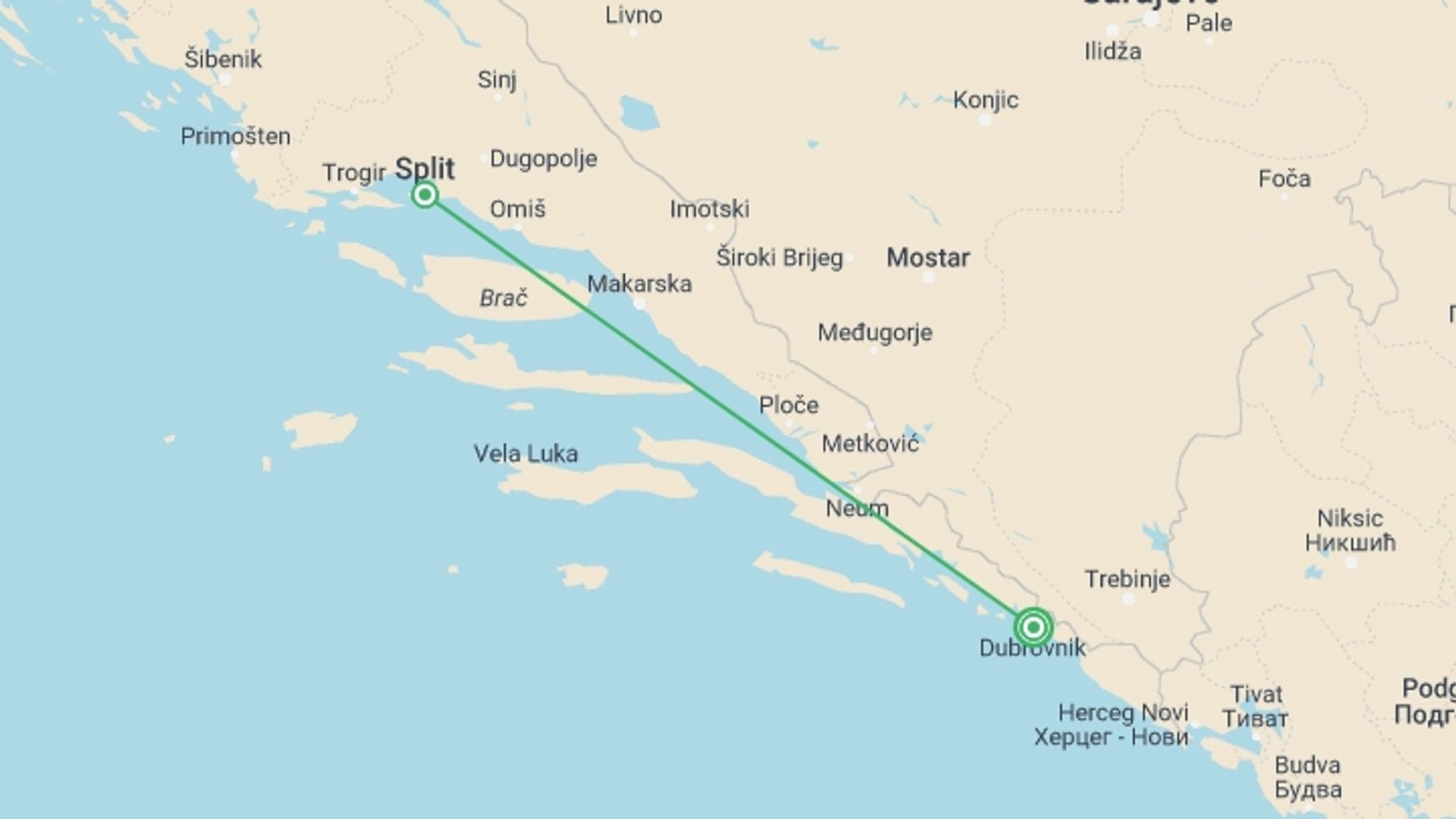A map showing the tour itinerary for the trip: Explore Middle & South Dalmatia, Self-drive, starting in Dubrovnik, Croatia and ending in Dubrovnik, Croatia going through 1 other destinations.