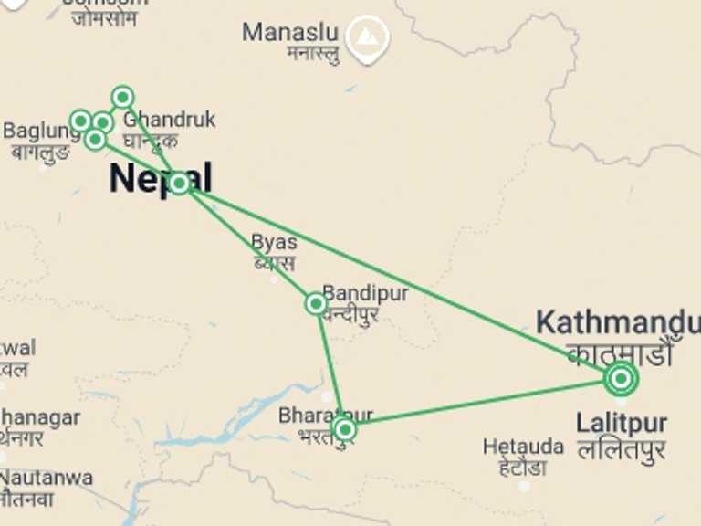 Map of Kathmandu Rafting Tour with 9 destination visits for the trip: Classic Nepal
