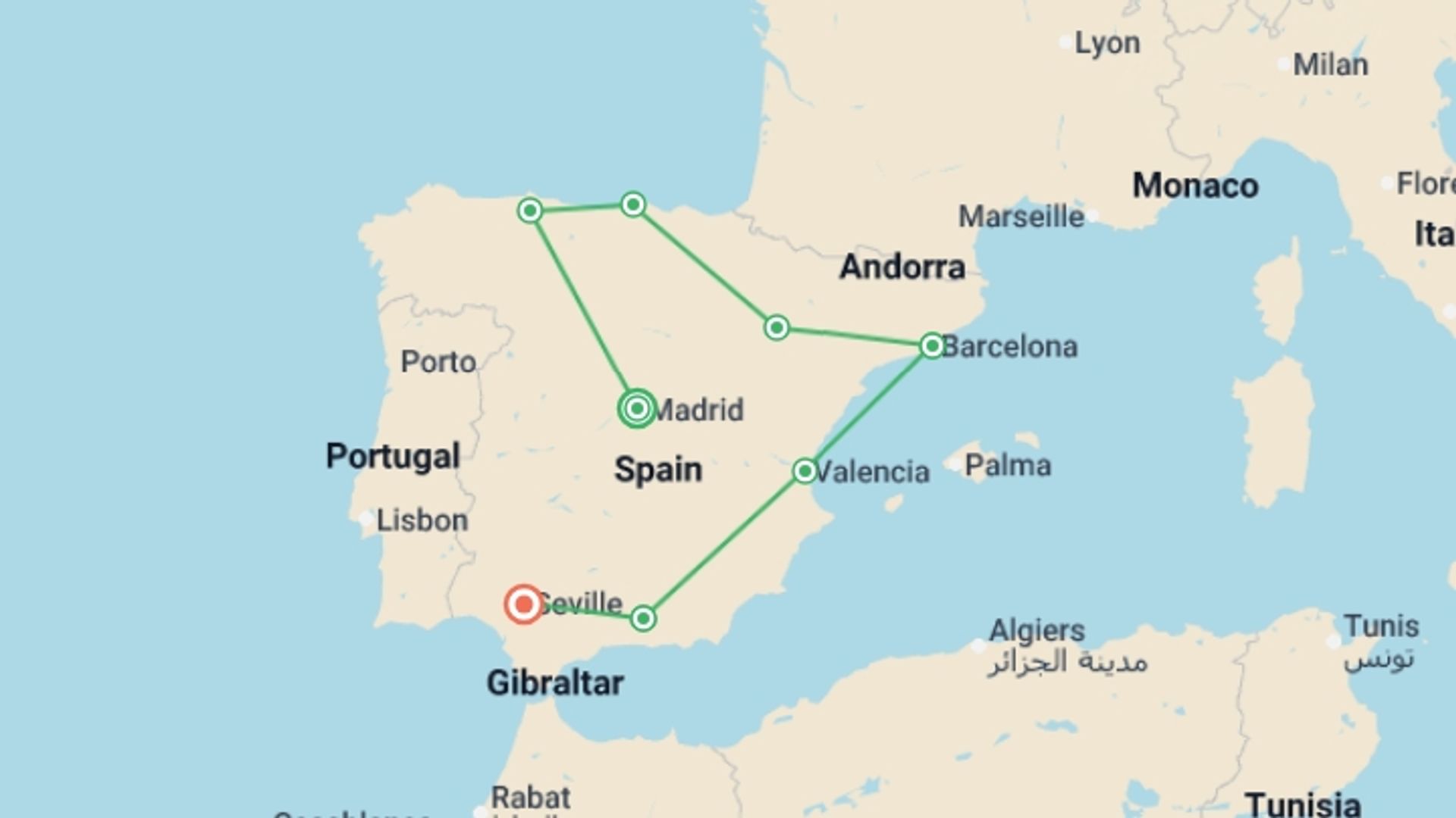 A map showing the tour itinerary for the trip: Spain From North to South, starting in Madrid, Spain and ending in Seville, Spain going through 6 other destinations.