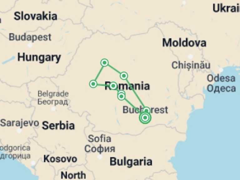 Map of Romania Tour with 6 destination visits for the trip: Dracula beyond the legend - 8 day tour in Transylvania