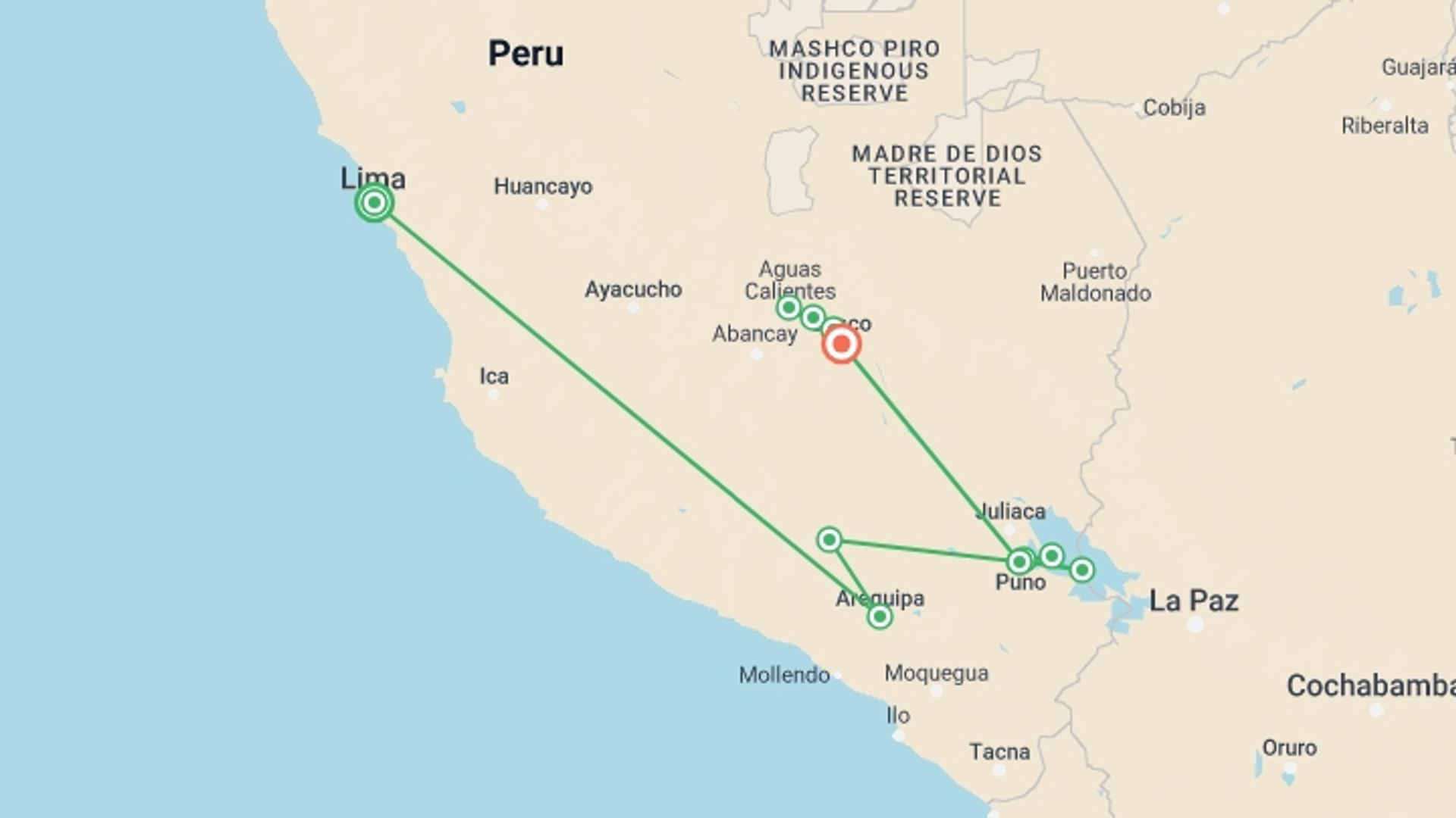 A map showing the tour itinerary for the trip: Living Peru, starting in Lima, Peru and ending in Cusco, Peru going through 3 other destinations.