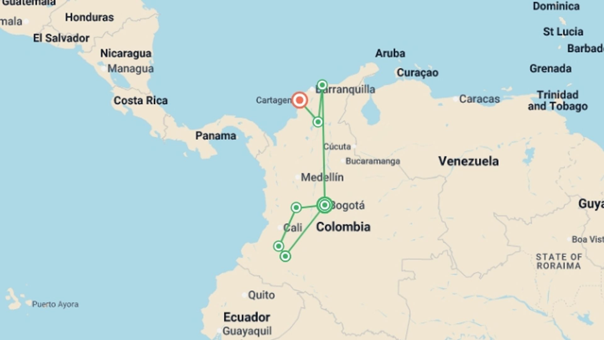 A map showing the tour itinerary for the trip: Classic Colombia - 16 days, starting in Bogota, Colombia and ending in Cartagena, Colombia going through 5 other destinations.
