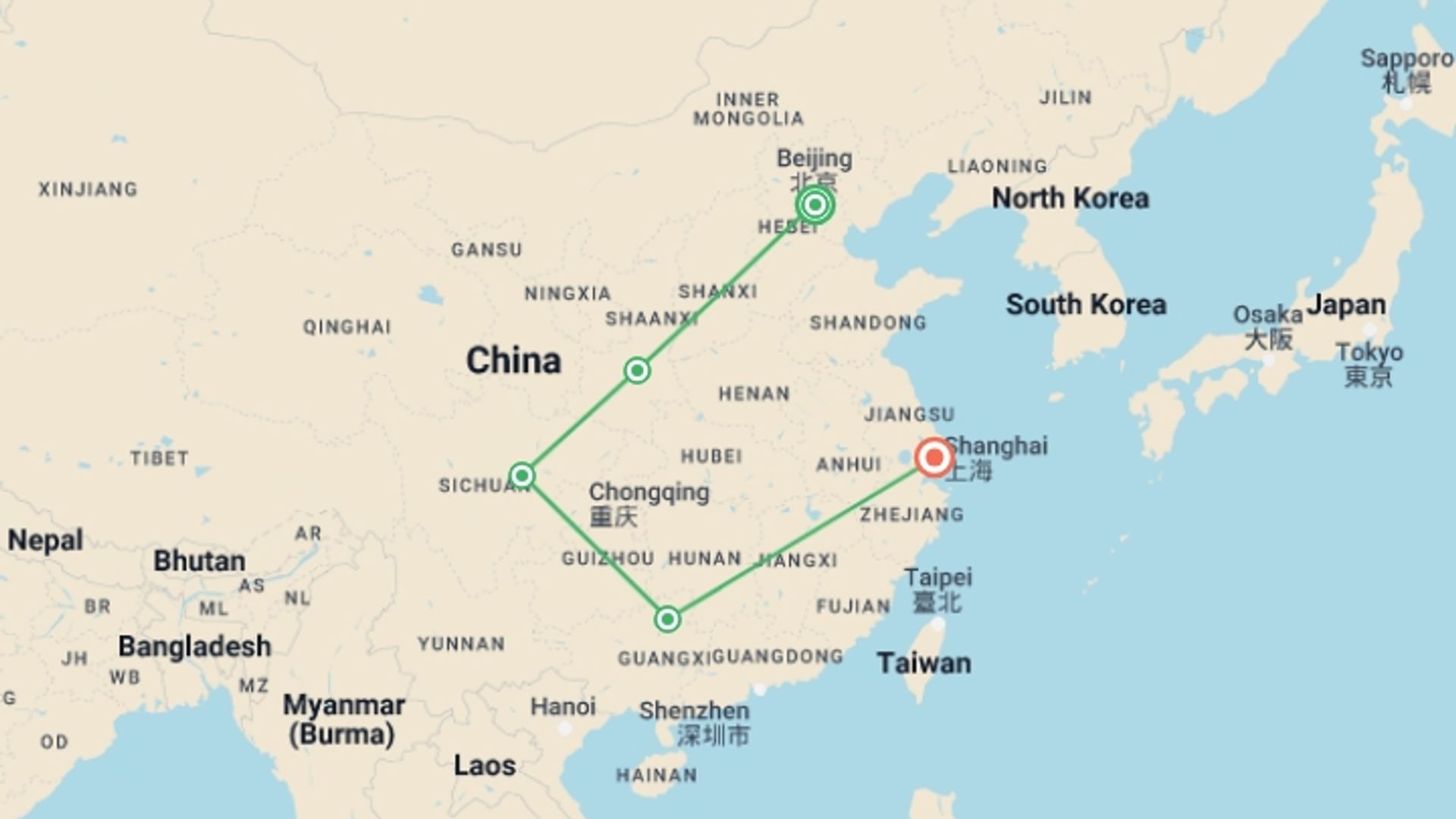 A map showing the tour itinerary for the trip: China Highlights, Private Tour, starting in Beijing, China and ending in Shanghai, China going through 3 other destinations.