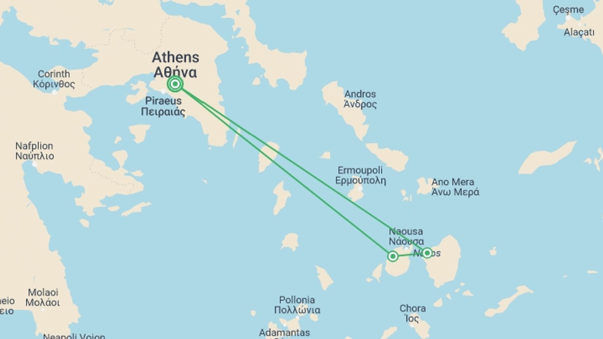 A map showing the tour itinerary for the trip: Ancient Wonders of Greece, starting in Athens, Greece and ending in Athens, Greece going through 2 other destinations.