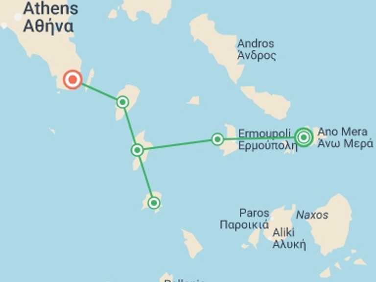 Map itinerary of Europe Tour in Fall with 6 destination visits for the trip: Sail & Hike Greece: Mykonos to Athens