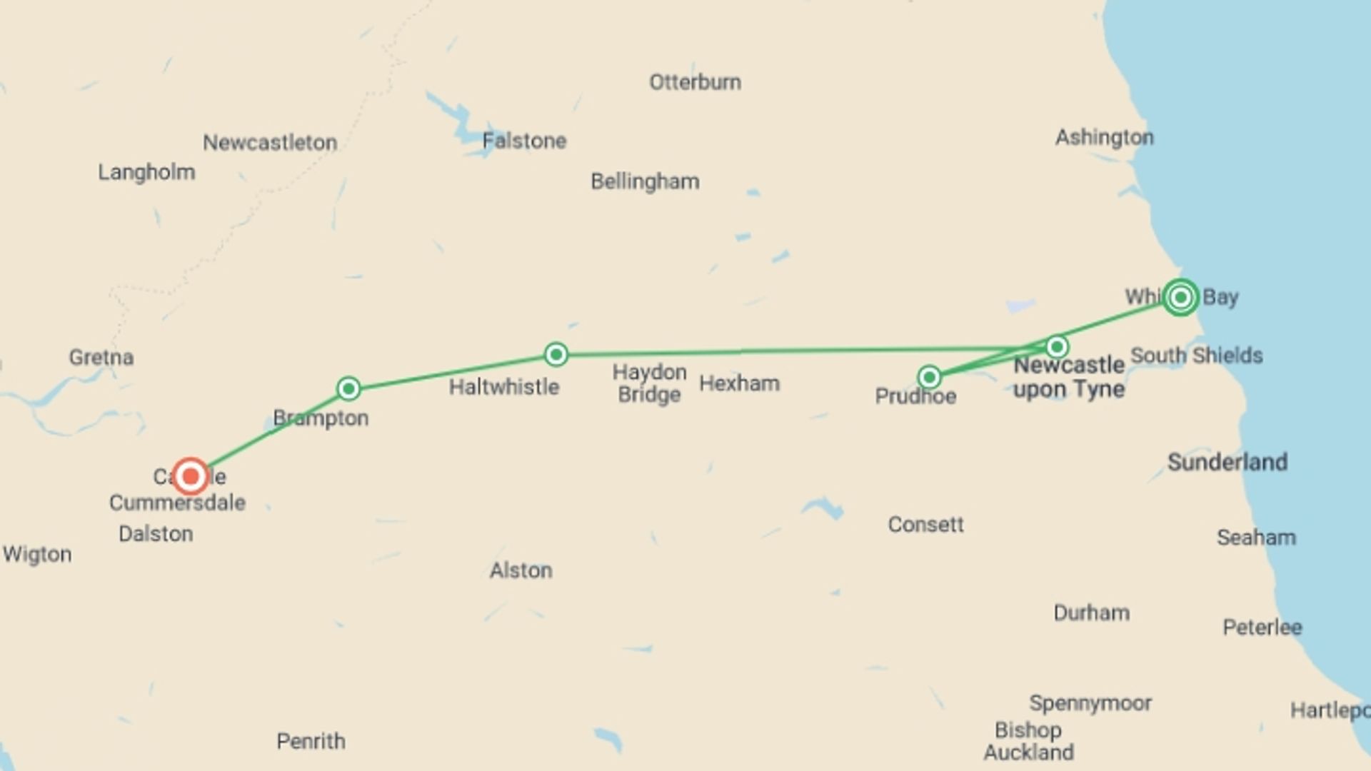 A map showing the tour itinerary for the trip: Hadrian's Wall Walk From Whitley Bay - 8 Days, starting in Whitley Bay, England and ending in Carlisle, England going through 5 other destinations.