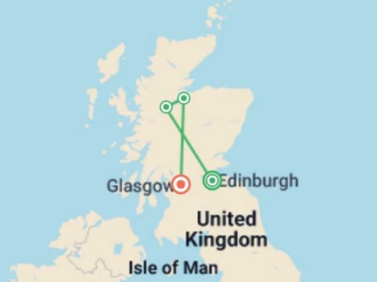 Map itinerary of Europe Tour in June 2026 with 4 destination visits for the trip: Best of Scotland