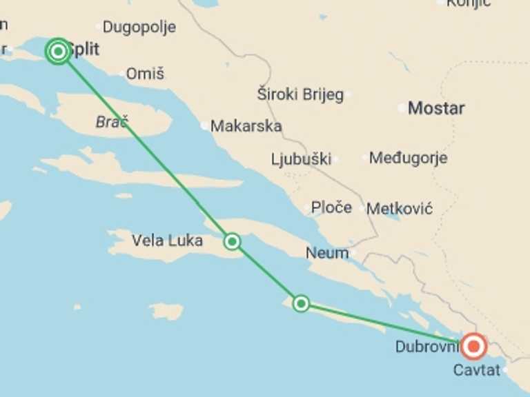 Map of 7-Day Mediterranean Tour with 4 destination visits for the trip: Croatia Adventure