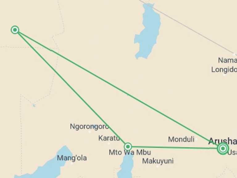Map of Ngorongoro Crater Tour with 6 destination visits for the trip: 4 Days Safari in Lake Manyara, Serengeti, & Ngoro Crater