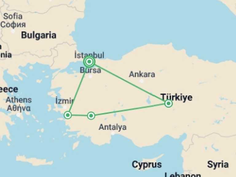 Map of 8-Day Pamukkale Tour with 4 destination visits for the trip: Turkey Flyer Tour