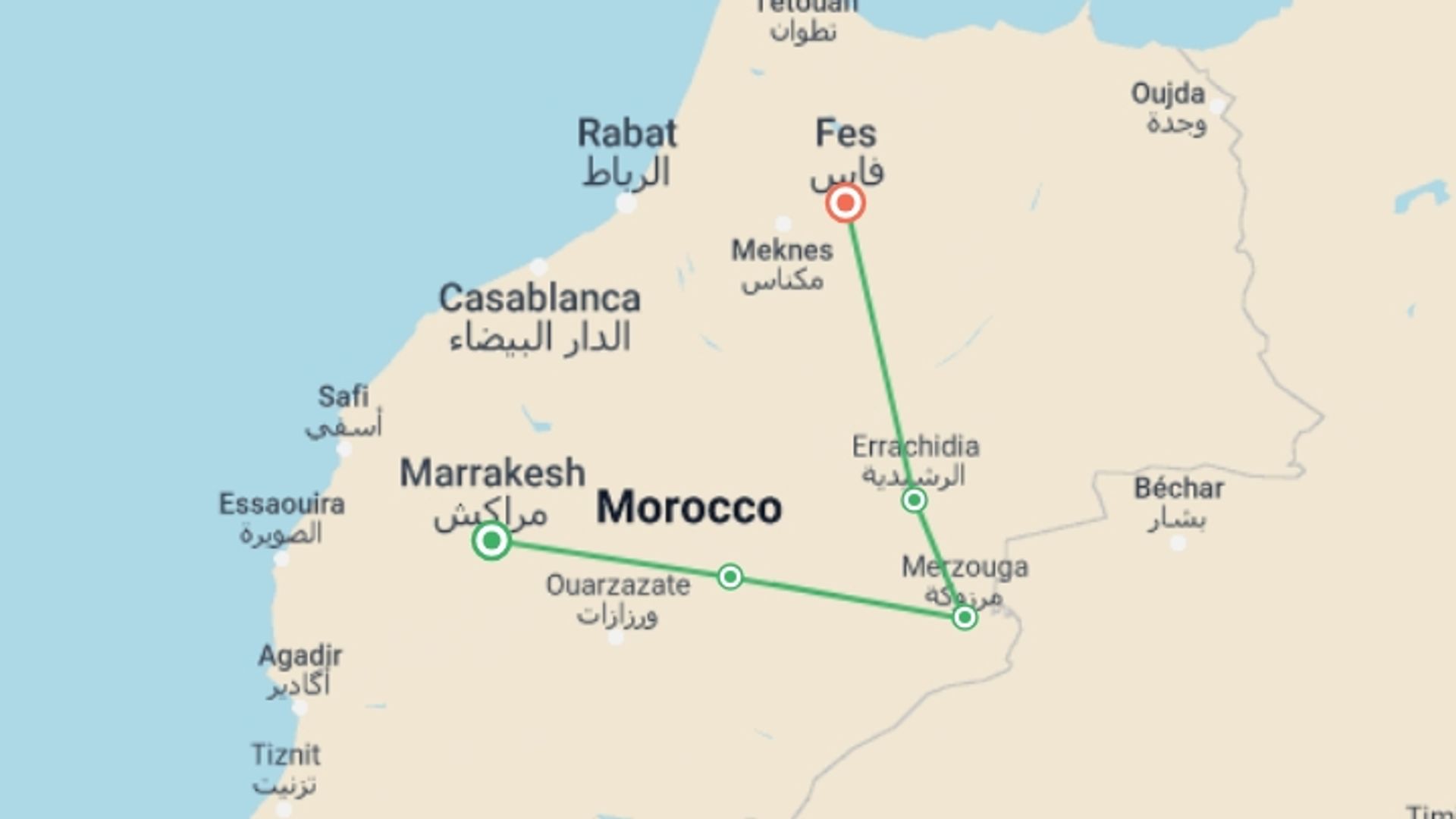 A map showing the tour itinerary for the trip: 3 Days Sahara Desert tour from Marrakech to Fes, starting in Marrakech, Morocco and ending in Fez, morocco going through 3 other destinations.