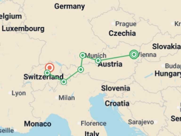 Map itinerary of Europe Tour in September 2025 with 7 destination visits for the trip: Country Roads of Bavaria, Switzerland & Austria