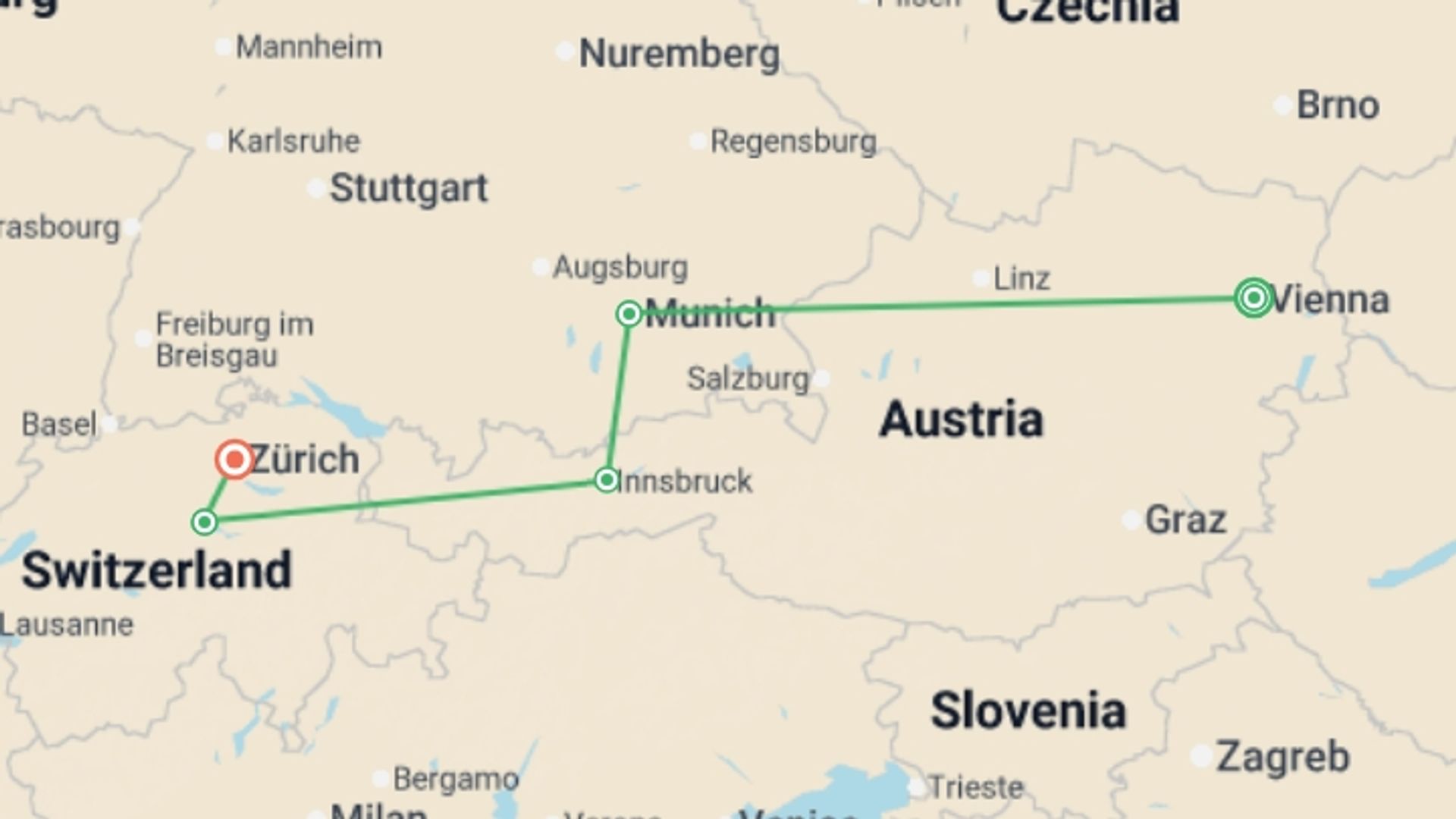 A map showing the tour itinerary for the trip: Christmas Markets of Austria, Germany and Switzerland, starting in Vienna, Austria and ending in Zurich, Switzerland going through 3 other destinations.