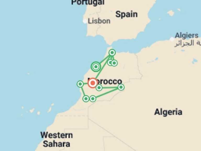Map itinerary of Morocco Tour in December 2025 with 10 destination visits for the trip: Morocco Encompassed