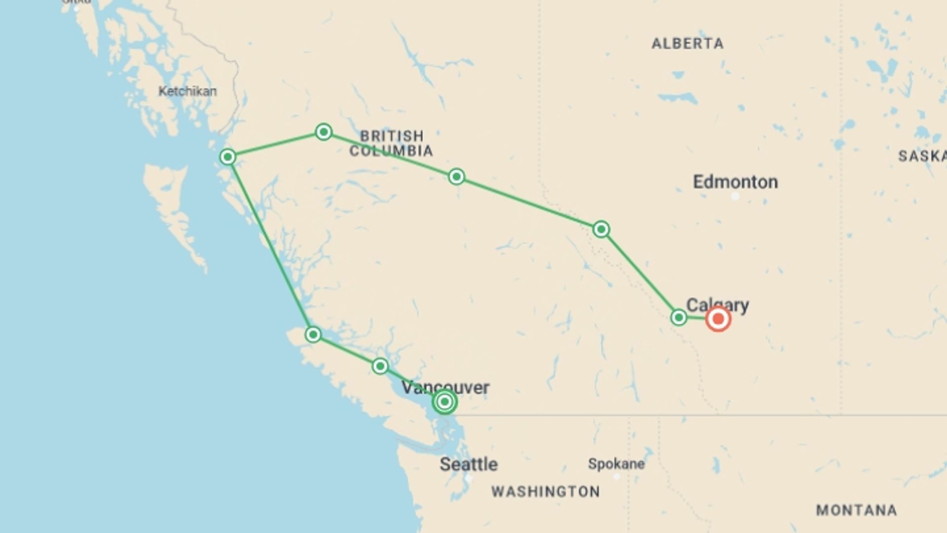 A map showing the tour itinerary for the trip: Vancouver Island & Northern Rockies, starting in Vancouver, Canada and ending in Calgary, Canada going through 7 other destinations.