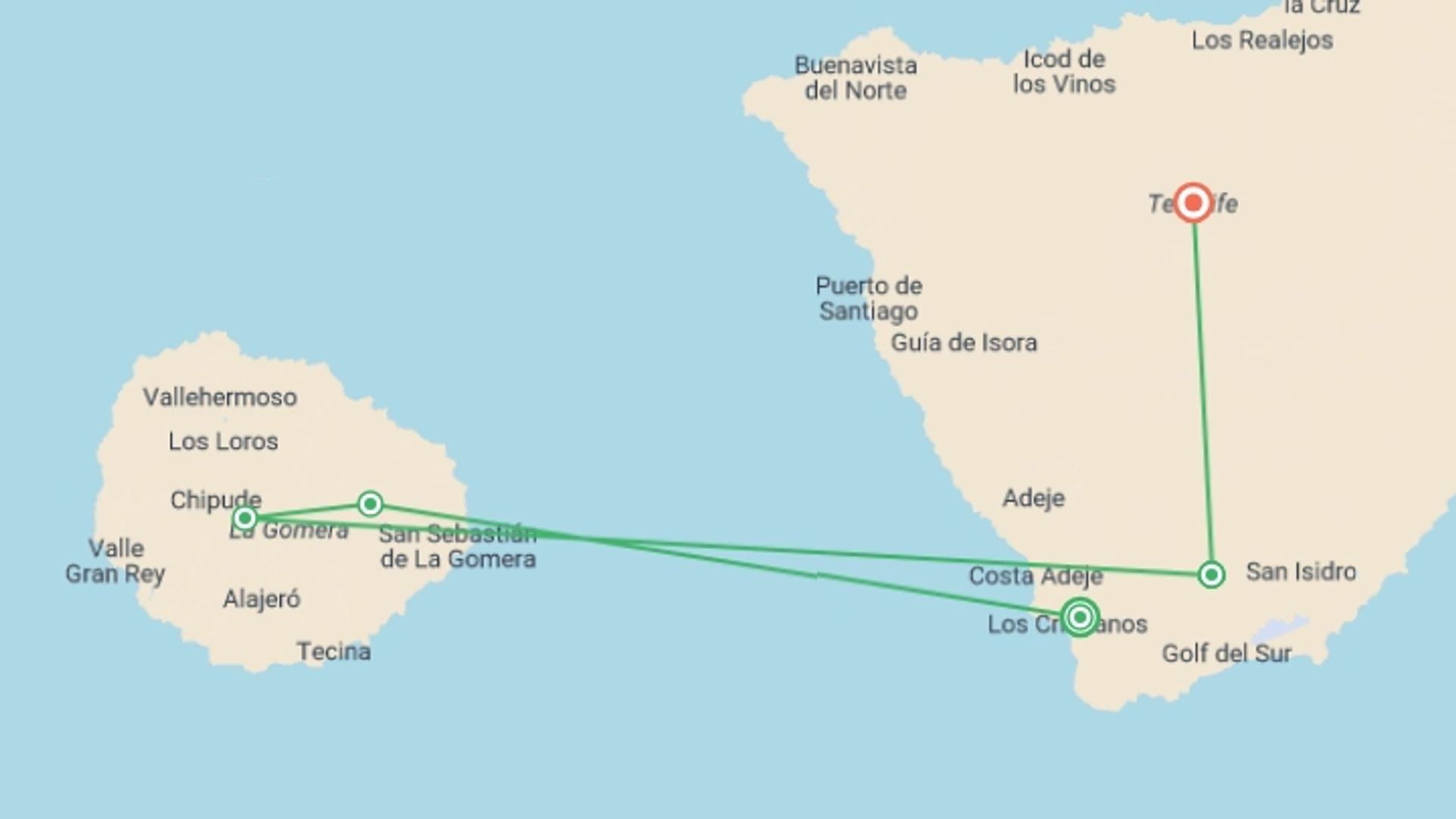 A map showing the tour itinerary for the trip: Canary Islands Walking - La Gomera and Tenerife, starting in Los Cristianos , Tenerife, Spain and ending in Tenerife, Spain going through 4 other destinations.
