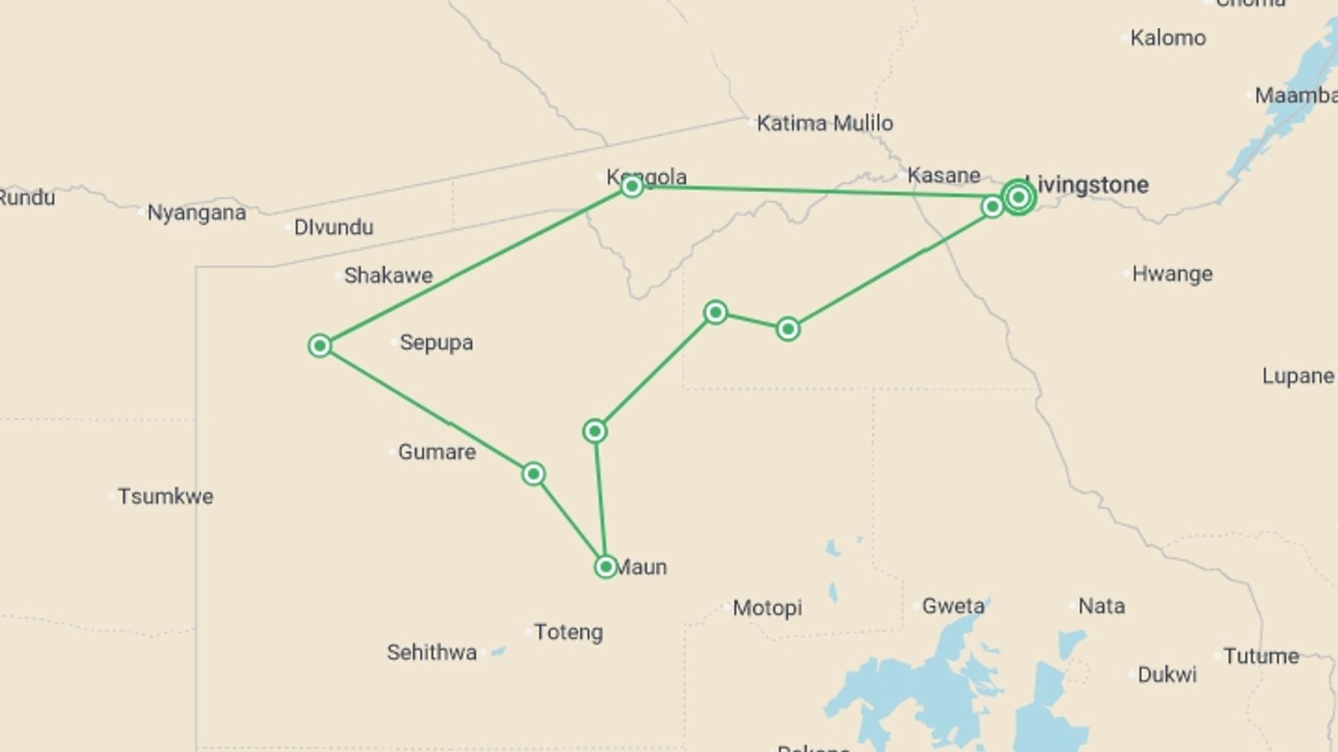 A map showing the tour itinerary for the trip: Botswana Wildlife Safari, starting in Victoria Falls, Zimbabwe and ending in Victoria Falls, Zimbabwe going through 7 other destinations.