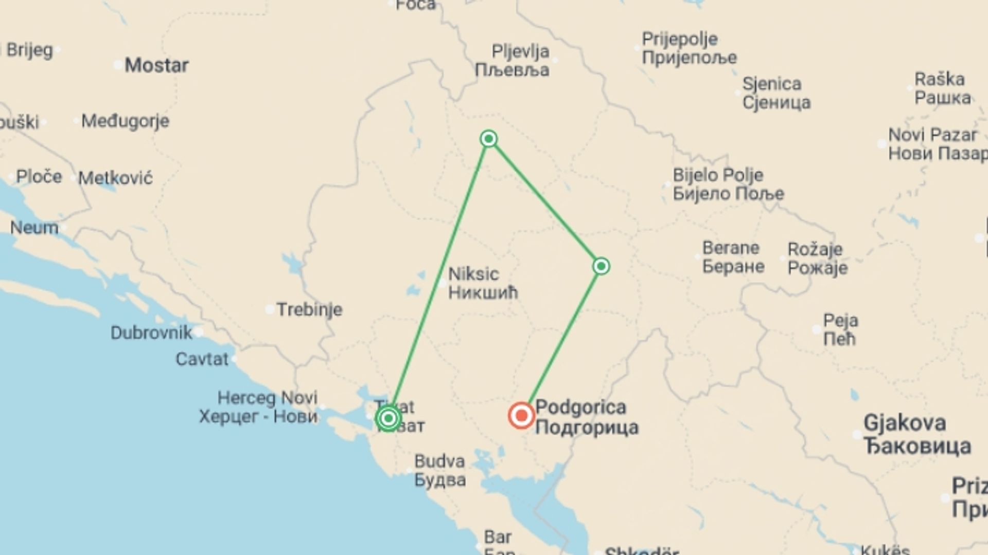 A map showing the tour itinerary for the trip: Discover Montenegro, starting in Kotor, Montenegro and ending in Podgorica, Montenegro going through 2 other destinations.