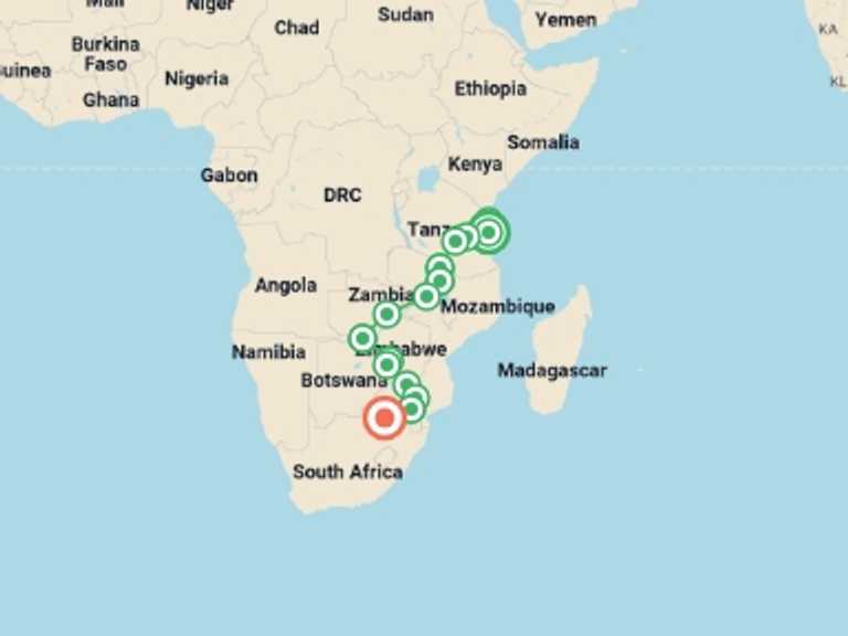 Map itinerary of Pretoria Tour in December 2026 with 16 destination visits for the trip: 22-day Zanzibar, Victoria Falls  Kruger Accommodated