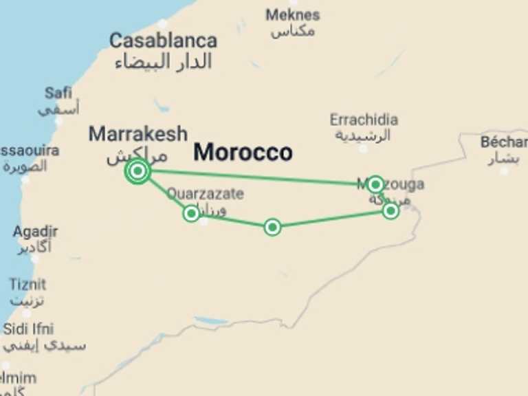 Map of 8-Day Marrakech Tour with 6 destination visits for the trip: Cycle Morocco - Atlas to the Sahara
