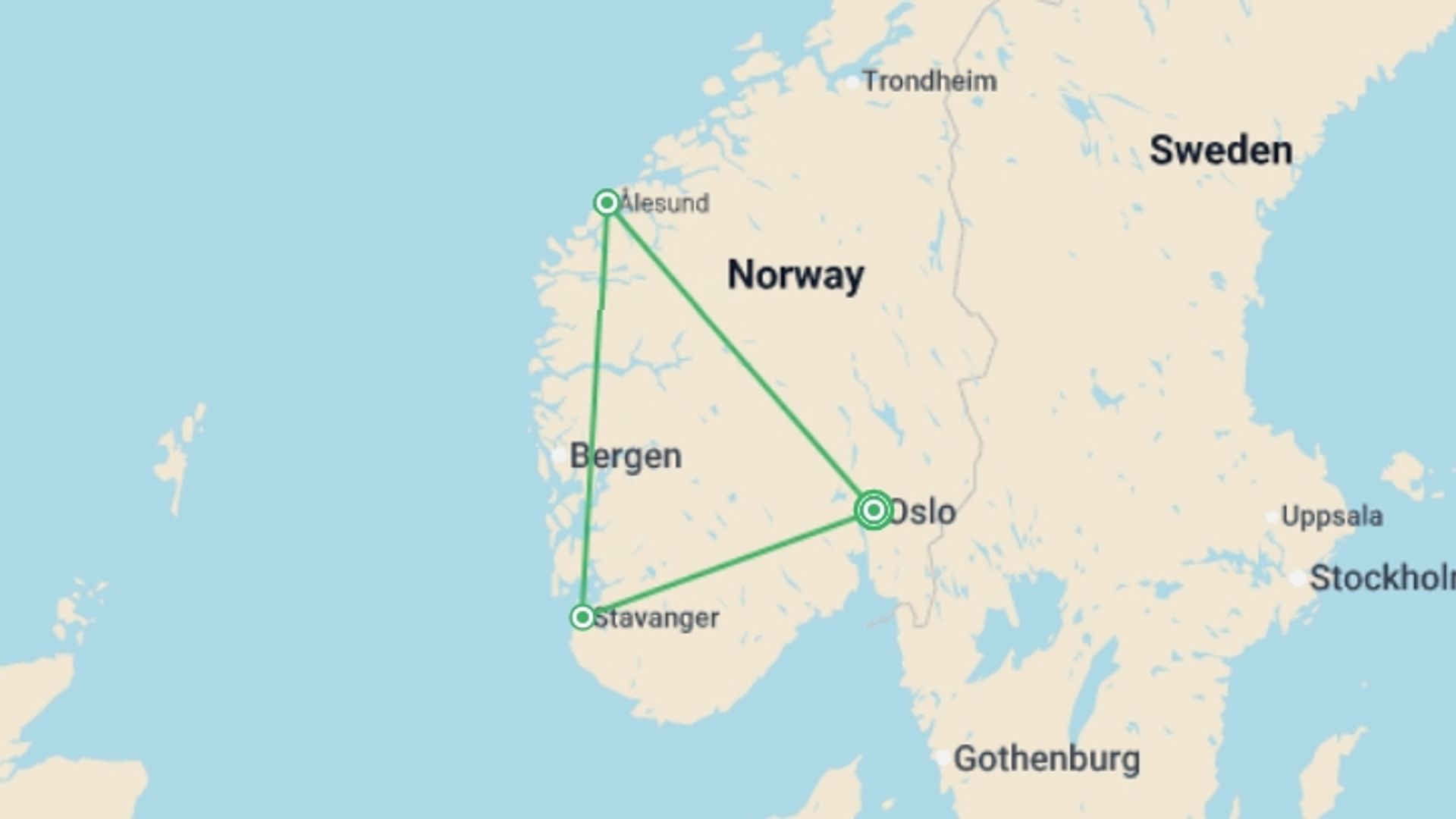 A map showing the tour itinerary for the trip: Northern Lights of Norway, starting in Oslo, Norway and ending in Oslo, Norway going through 2 other destinations.