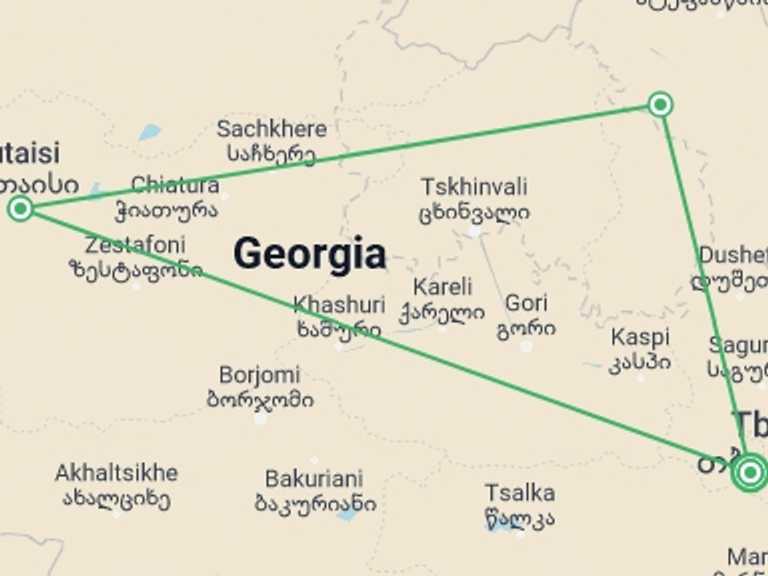 Map itinerary of Georgia Tour in September 2026 with 3 destination visits for the trip: Georgia Uncovered