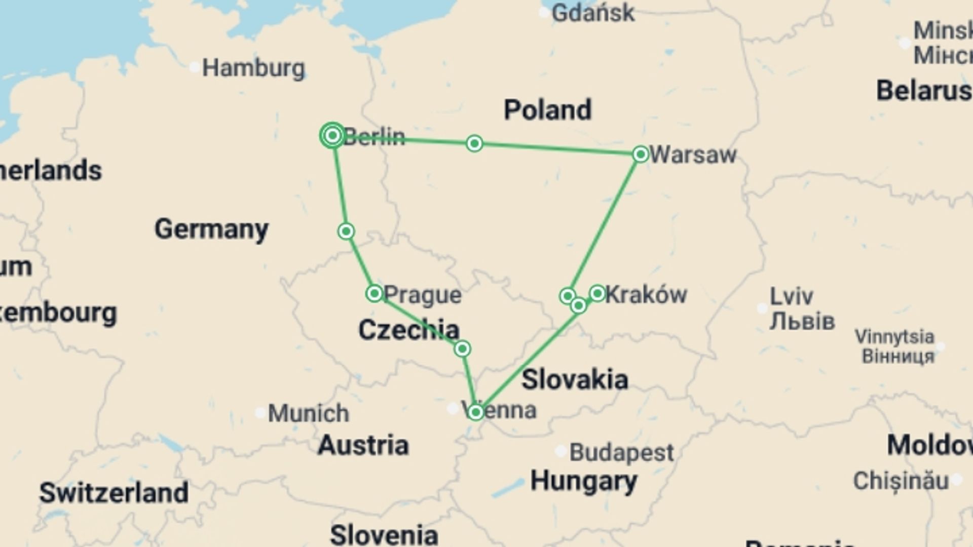 A map showing the tour itinerary for the trip: Berlin and the Best of Poland, starting in Berlin, Germany and ending in Berlin, Germany going through 5 other destinations.