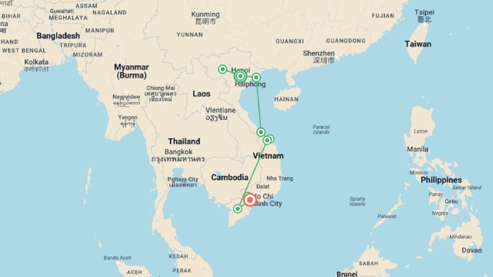 A map showing the tour itinerary for the trip: Walking in Vietnam, starting in Hanoi, Vietnam and ending in Ho Chi Minh City, Vietnam going through 6 other destinations.