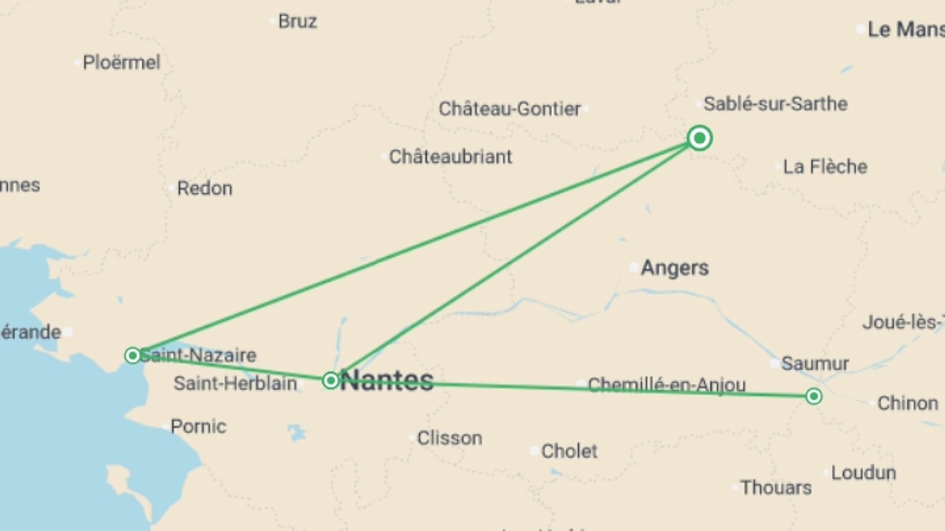 A map showing the tour itinerary for the trip: Murmurs of the Loire: A Cruise Through Heritage and Legends (port-to-port cruise), starting in Pays de la Loire, France and ending in Pays de la Loire, France going through 3 other destinations.
