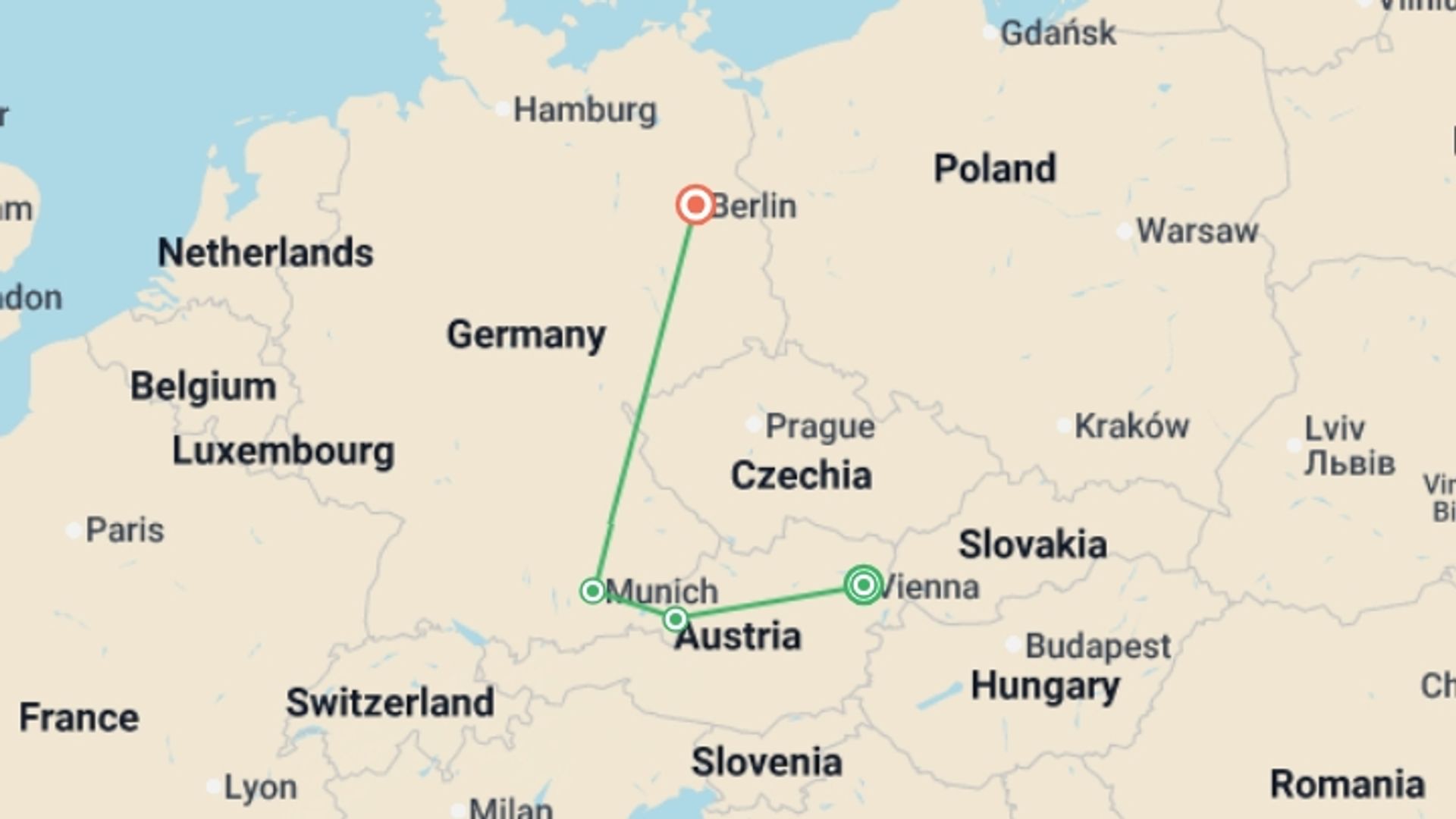A map showing the tour itinerary for the trip: Christmas in Central Europe, Vienna to Berlin, starting in Vienna, Austria and ending in Berlin, Germany going through 2 other destinations.