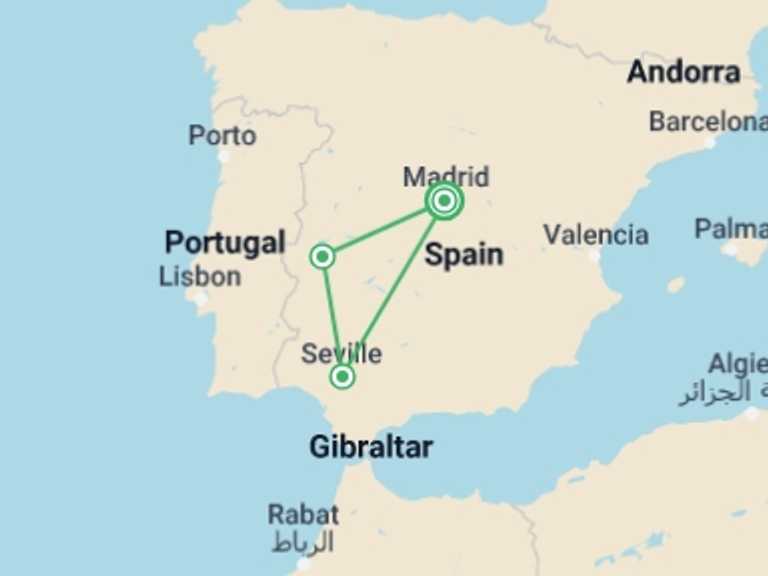 Map itinerary of Spain Tour in February 2026 with 2 destination visits for the trip: 2-day Caceres And Seville From Madrid