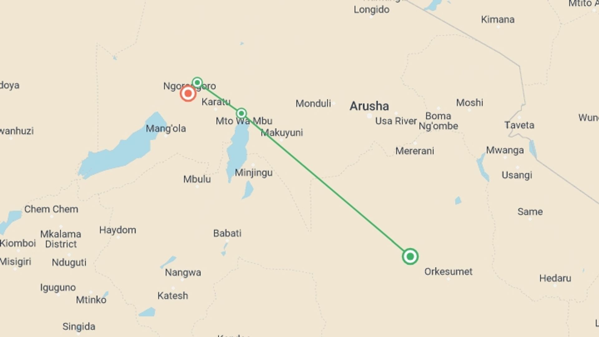 A map showing the tour itinerary for the trip: 2 Days Budget safari L Manyara and Ngorongoro, starting in Manyara, Tanzania and ending in Ngorongoro, Tanzania going through 3 other destinations.