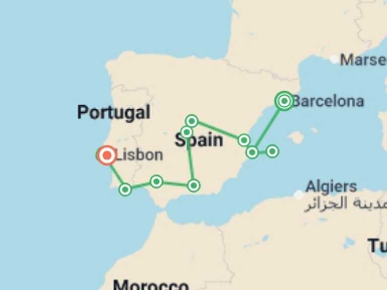 Map of Mediterranean Tour with 8 destination visits for the trip: Barcelona to Lisbon